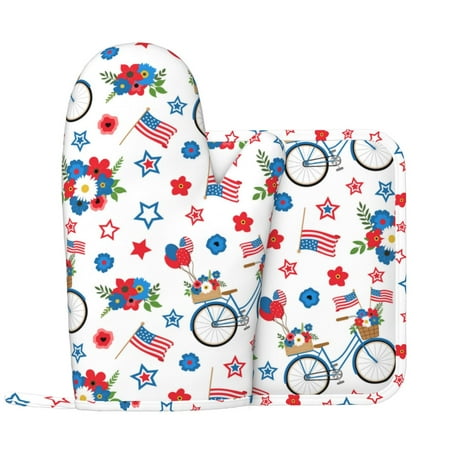 

Oven Mitts and Pot Holders Sets USA Flag Print flower Non-Slip Silicone Oven Gloves Potholders Cotton Lining Heat Resistant Gloves Hot Pads for Kitchen Cooking Baking