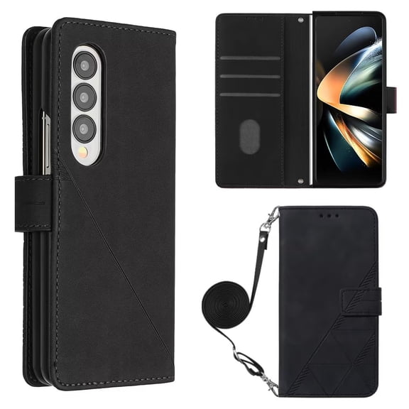 MonsDirect for 7.6 inch Samsung Galaxy Z Fold 3 2022 2021 Case, Slim Suede Leather Stand Folio Cover with Auto Sleep/Wake Card Slots & Hand Strap Anti-Fall Protective Case for Galaxy Z Fold 3, Black