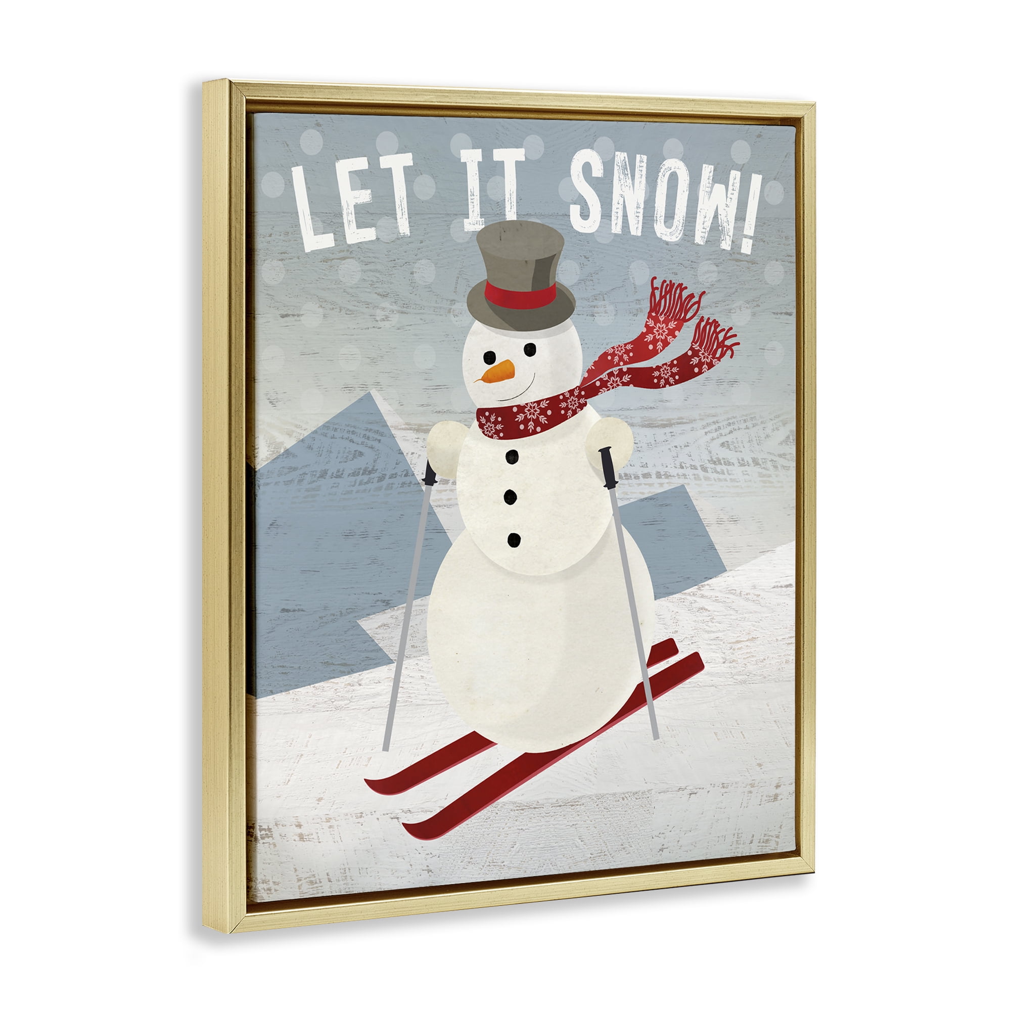 Stupell Industries Skiing Snowman on Slopes Holiday Painting Gold Floater Framed Canvas Art Prints Wall Art, 25 x 31