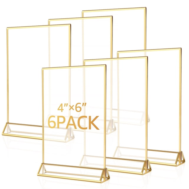 Vensio -6 Pack Vertical Acrylic Sign Holders 4x6 Inch with Gold Border, Elegant Table Number Stands for Weddings and Banquets, Clear Menu and Flyer Display Frames