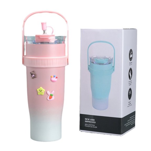 SPACEMUSE 40oz Tumbler with Handle and Straw,Stainless Steel Insulated Cup,Hot and Cold Beverage,Water Bottle for Office Gym Car（Pink）