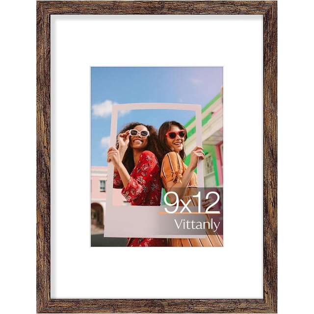 Vittanly 9x12 Picture Frame, Display Pictures 6x8 with Mat or 9x12 without Mat, Premium Material with Shatter Resistant Plexiglass, Photo Frame for Wall or Table Top Display, Rustic Brown, 1 Pack