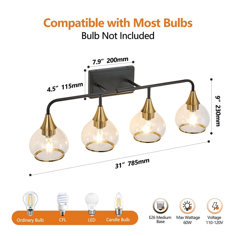 31" Modern Black and Gold 4-Light Bathroom Vanity Light Fixture, Clear Glass Shades Wall Sconce for Mirror, Living Room, or Vanity (Bulbs Not Included)