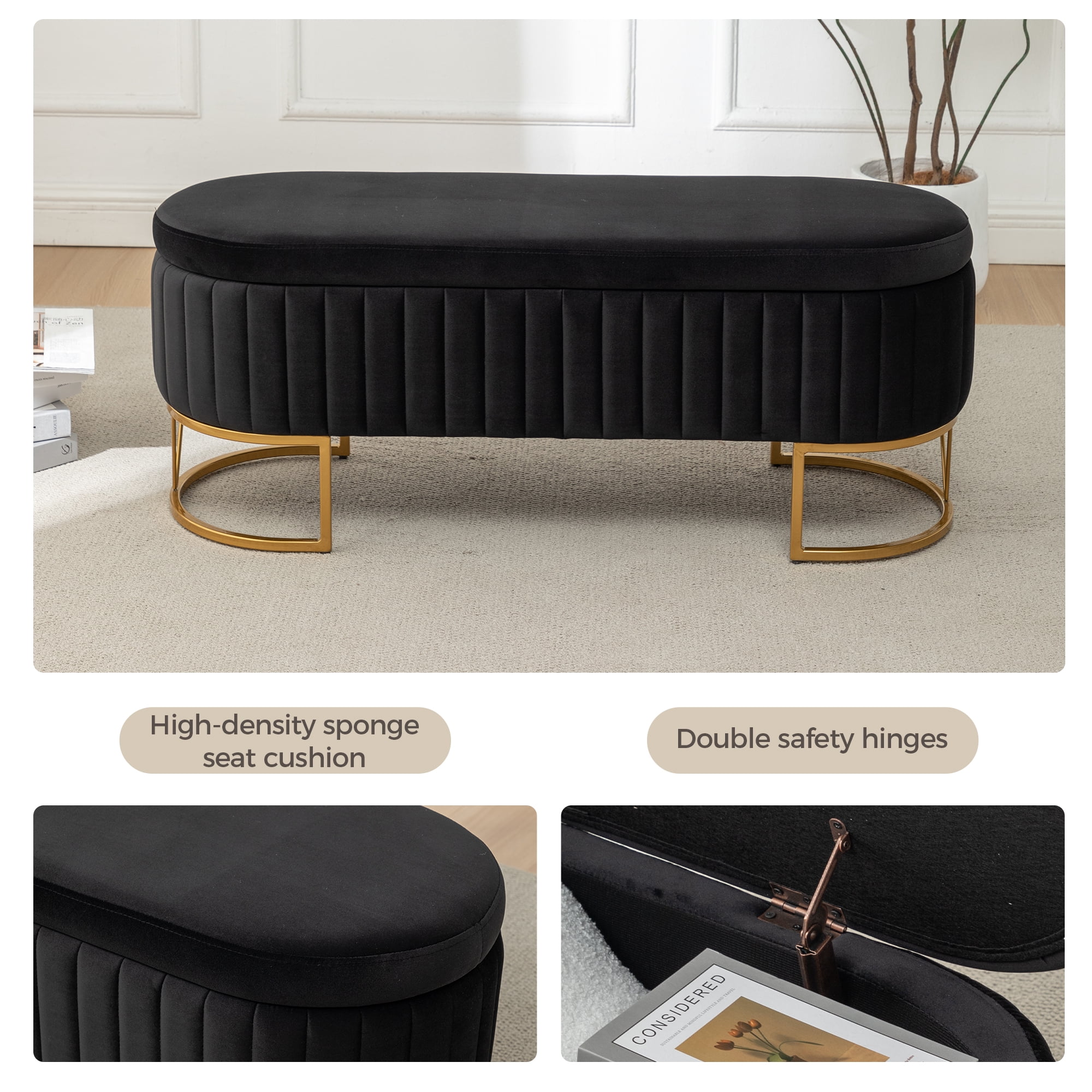 Storage Bench Bedroom Bench, Velvet Oval Upholstered End of Bed Bench with Golden Metal Legs, Modern Storage Ottoman Bench for Bedroom, Living Room, Entryway,Window,Black
