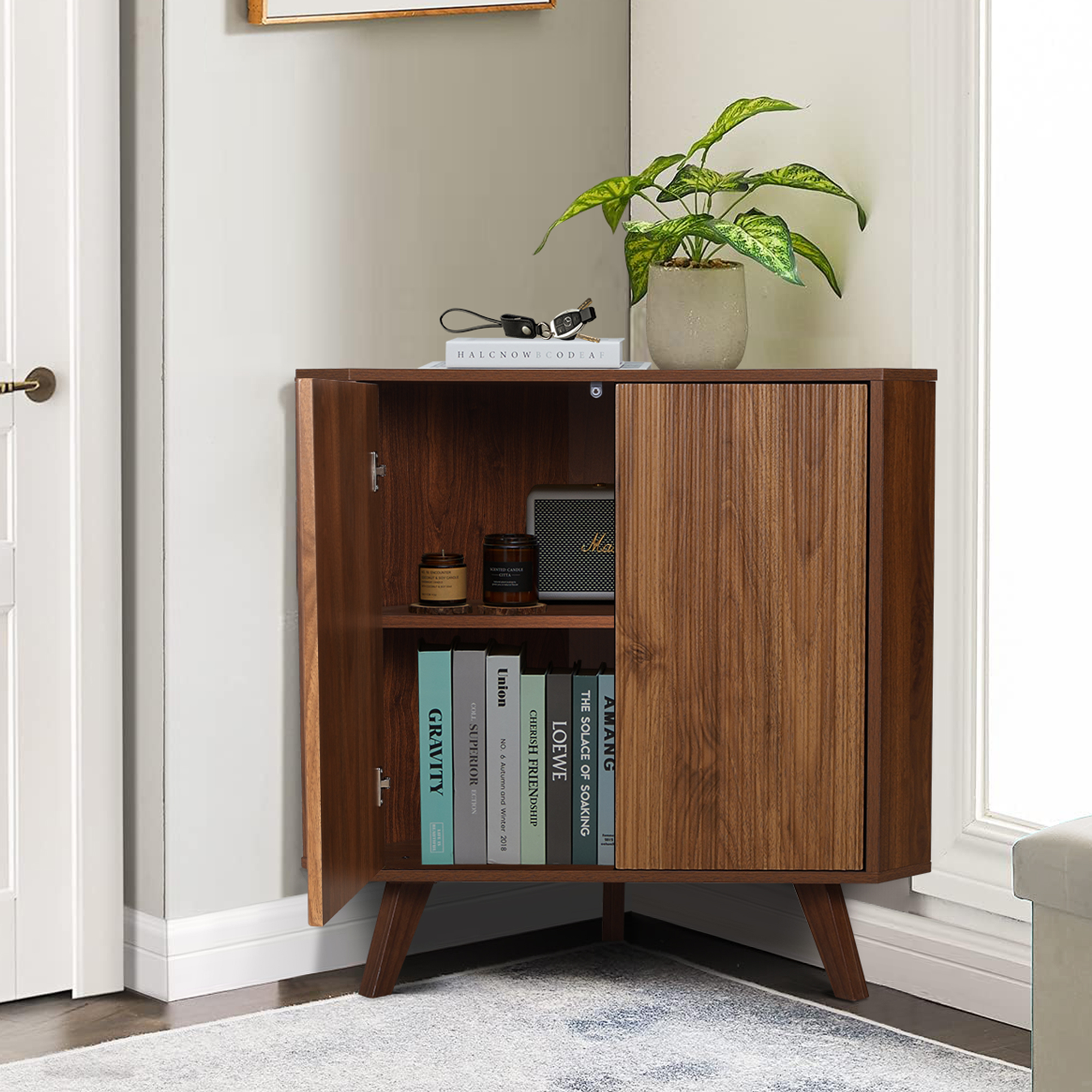 Weselon Triangular Corner Storage Cabinet with 2 Doors for Bathroom, Floor Corner Storage Cabinet, Freestanding Corner Cabinet , Brown