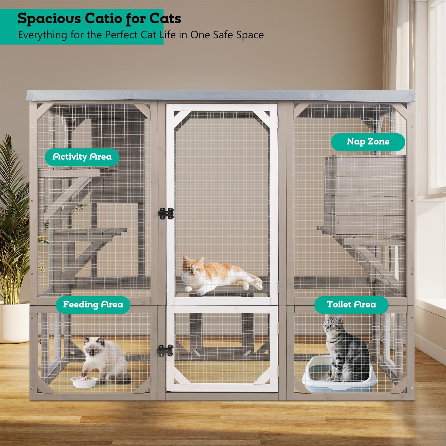 PETSCOSSET Large Catio Outdoor Cat Enclosure Window Access, Wooden Kitty Cage with Resting Room &3Platforms, Attached to Window