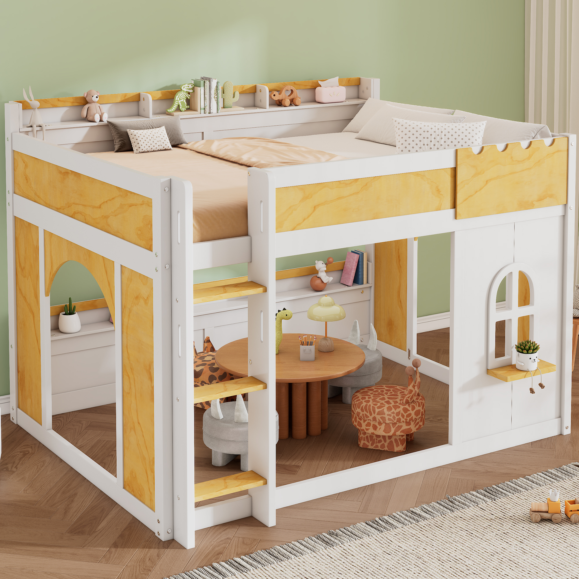Euroco Wood Full over Full Bunk Bed with Storage Shelves, House Shaped Design Loft Bed, White & Natural