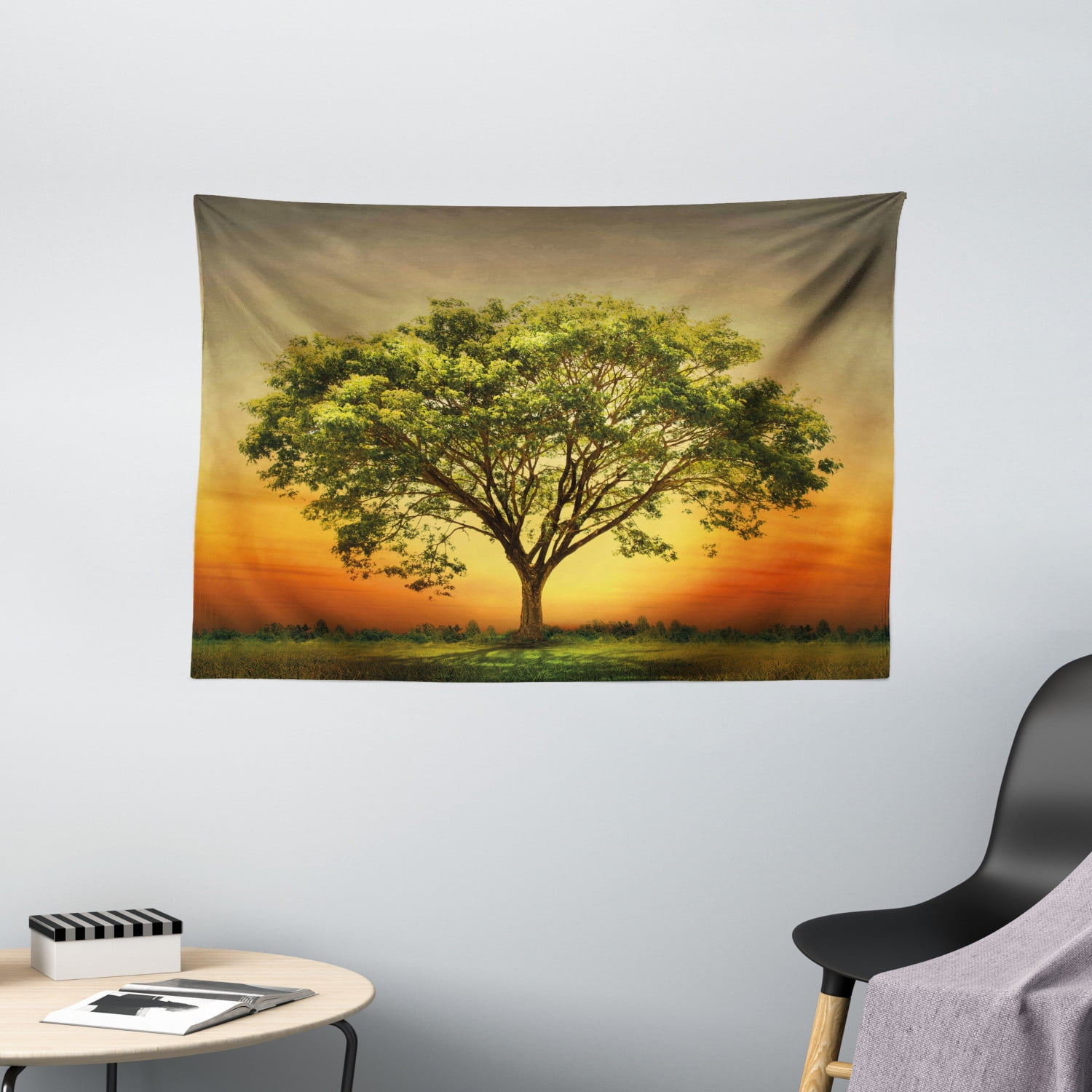 Landscape Tapestry, Sunset Scenery in a Valley with a Big Old Tree Artwork Photo, Wall Hanging