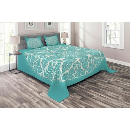 Turquoise Coverlet Set Round Curving Tree Branches Pattern