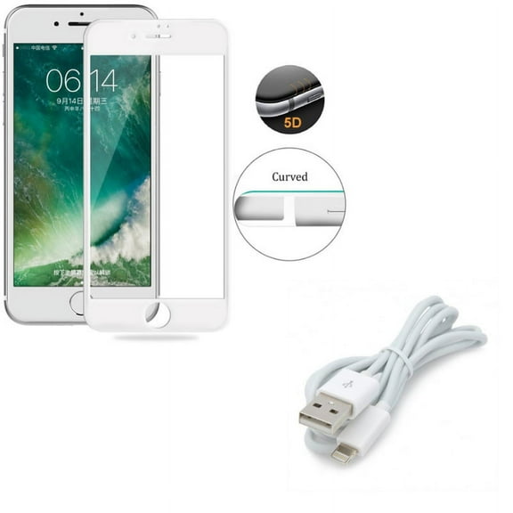 iPhone 7/8 PLUS USB Cable w Screen Protector - Charger Cord Power Wire Sync, Tempered Glass 5D Touch Curved Edge Full Cover for iPhone 8 PLUS/7 Plus