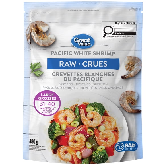 Great Value Raw Pacific White Shrimp 31/40, 480 g