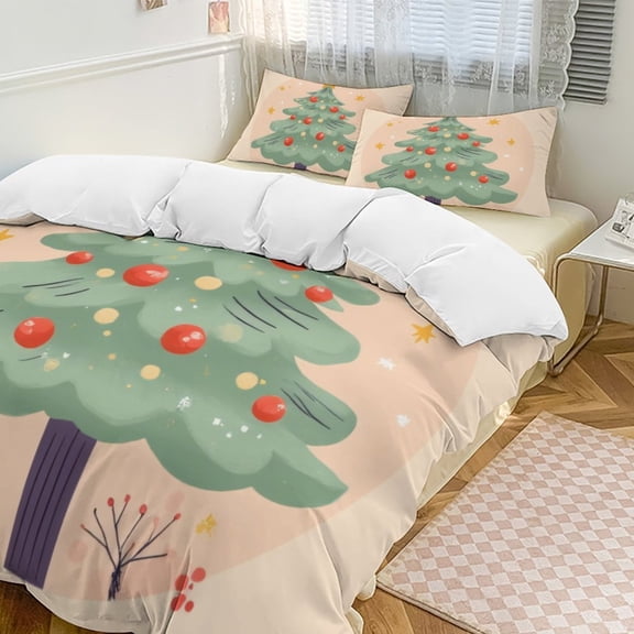 Christmas Tree with Ornaments Duvet Cover Set Themed Multicolor Polyester Bedding Set for Bedroom Decoration