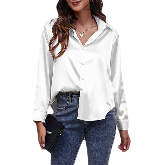 jinghuiyue Womens Satin Button Down Shirt Casual Long Sleeve V Neck Solid Loose Blouse Dressy Business Tops M