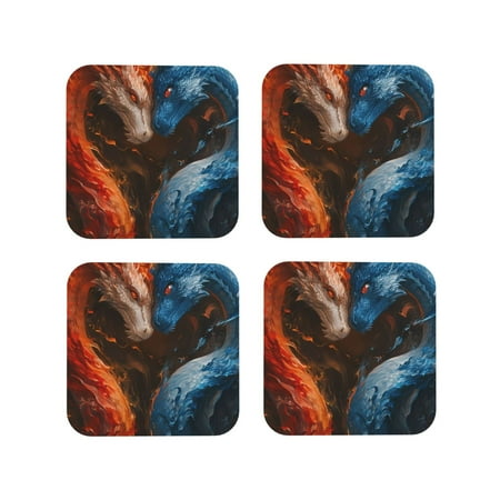 

Tideii Red And Blue Fire Dragon F for Leather Coasters 4 Pieces Anti-fouling and Anti-scalding Decorative Coasters Suitable for Restaurants Kitchens Coffee Shops-Square