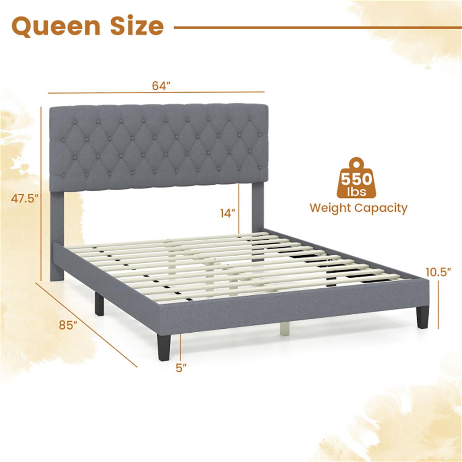 Demi Bonn Queen Size Upholstered Platform Bed Frame with Button Tufted Headboard and Wooden Slats Support, Fully Upholstered Mattress Foundation, Gray