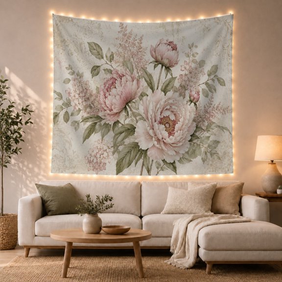 Pink Peonies in Aged Cream with Vintage Scroll Patterns, Romantic Vintage for Flower Lovers, Botanical Wall Decor, Mother's Day Gift Tapestry Wall Hanging for Bedroom and Living Room
