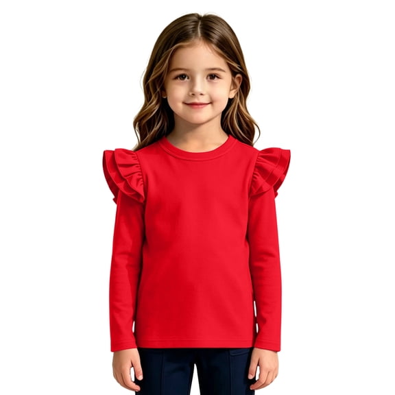 Abcomgle Girls Long Sleeve Shirts Size 6 Double Layer Ruffle Sleeve Crewneck Winter Tee for Girls Trendy Basic Top for Girls Trendy Solid Color Girls Blouses