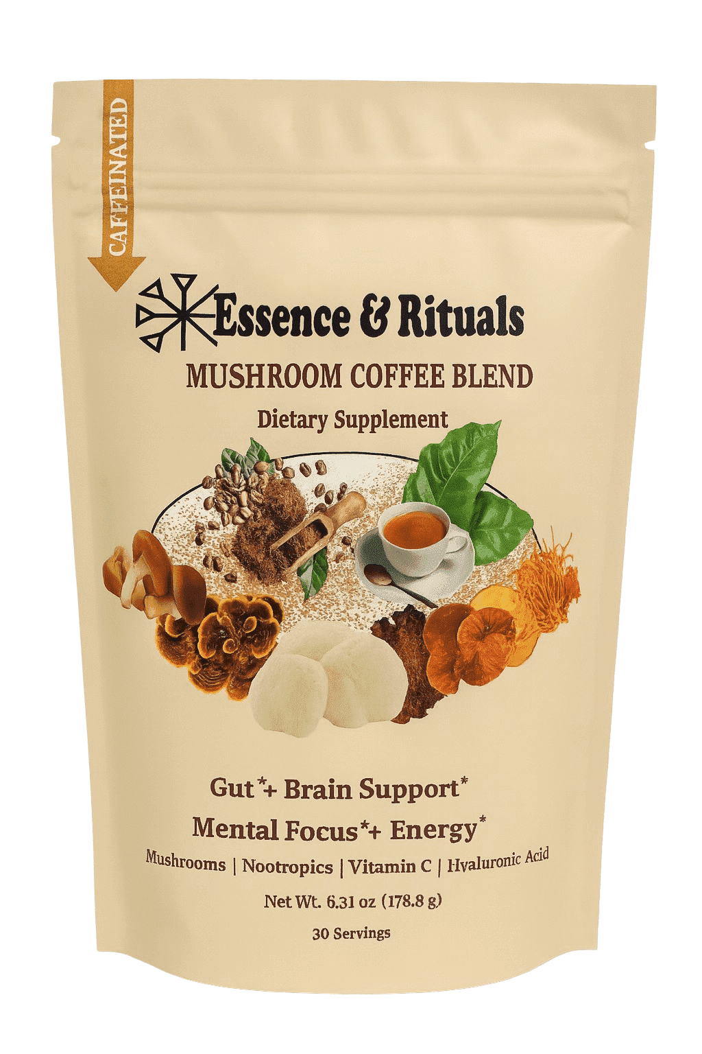 Essence & Rituals Mushroom Coffee Blend- Decaffeinated/Caffeinated Instant Coffee with Lion's Mane, Reishi, Chaga, Cordyceps- Gut, Brain, Focus & Energy Support- 30 Servings (Caffeinated)
