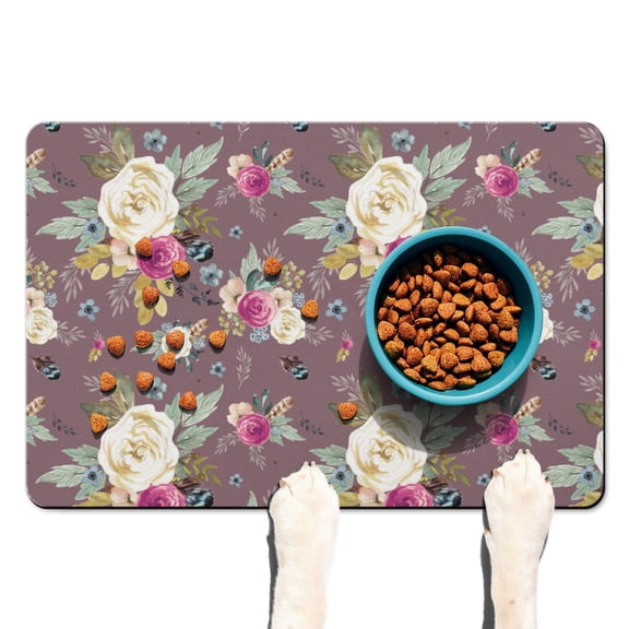 Boho Floral Pet Placemat - Abstract Floral Watercolor Design, Waterproof Dog Feeding Mat with Anti-Slip Rubber Base
