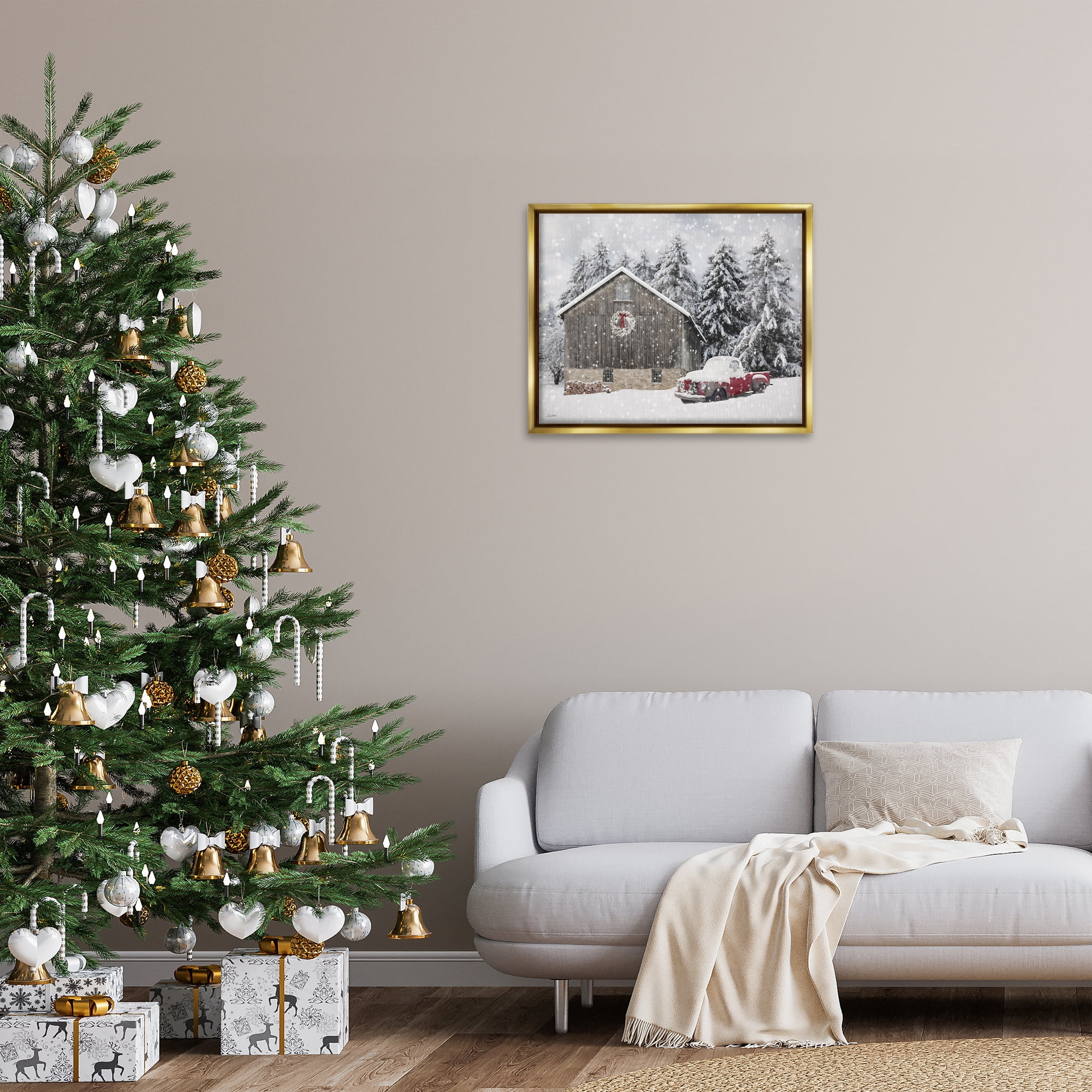 Stupell Industries Snow Covered Farm Scene Holiday Painting Gold Floater Framed Canvas Art Prints Wall Art, 31 x 25