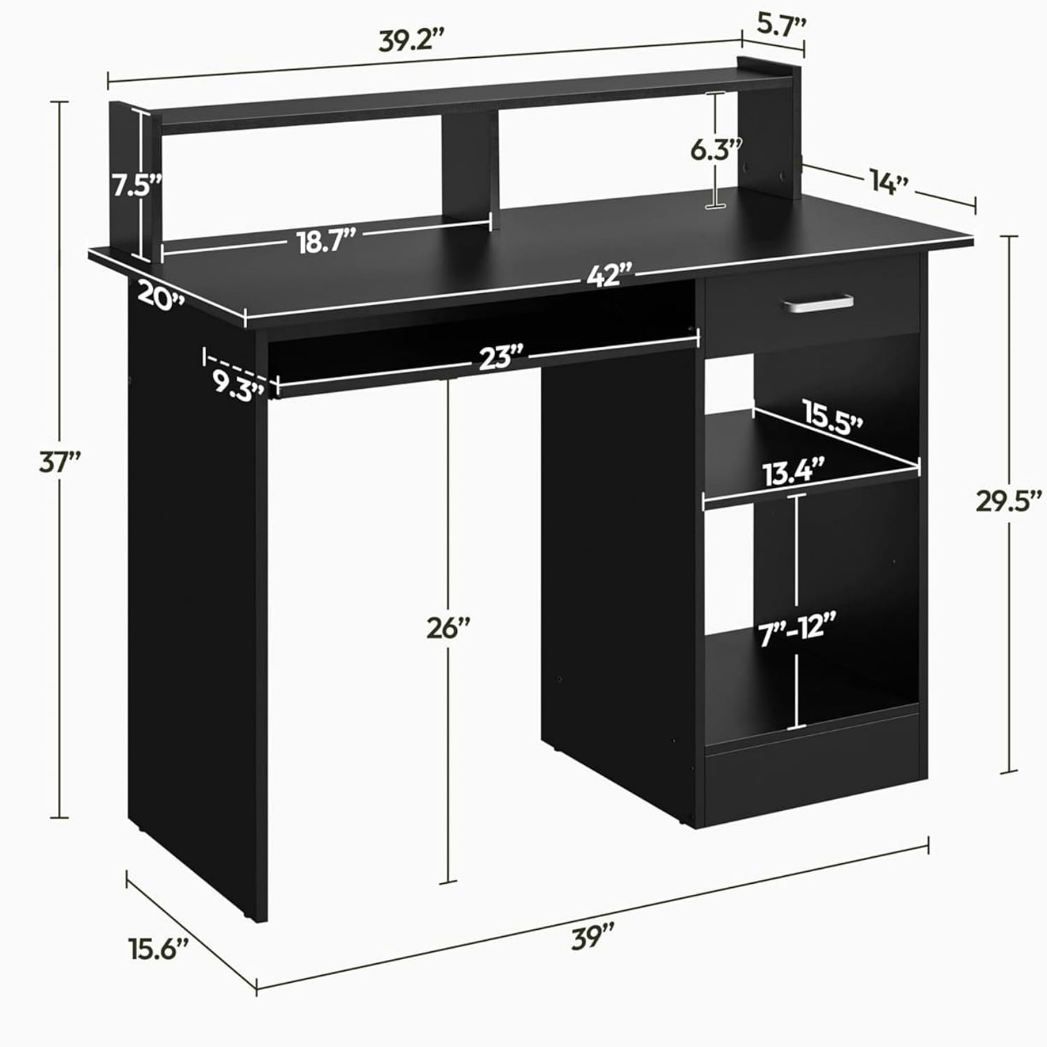 Home Office Wood Computer Desk with Drawers and Pull-Out Keyboard Tray, Study Writing Desk PC Laptop Table with Hutch and Storage Shelves, Modern Workstation, Black