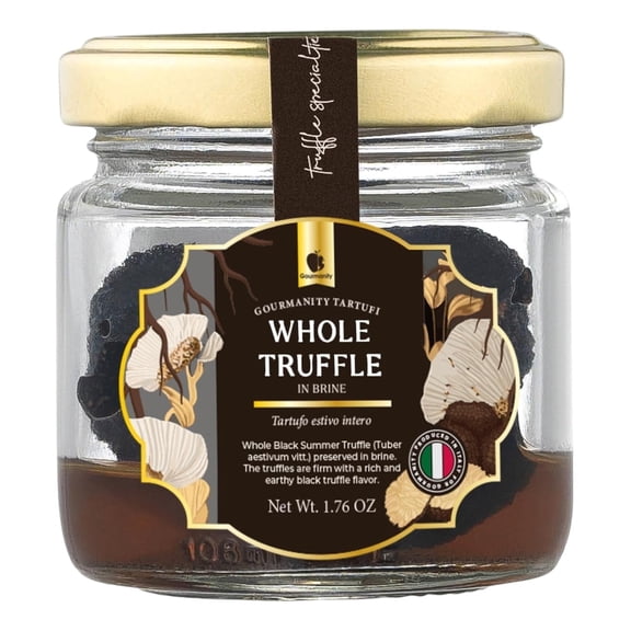 Gourmanity Tartufi Whole Black Truffles in Brine, Preserved Black Summer Truffles (Tuber aestivum Vitt.) from Italy [1.76oz Jar]