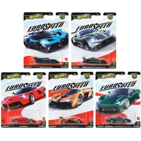 Hot Wheels Euro Speed Premium Collection, Die-Cast Cars Set, Bugatti Bolide, Aston Martin, Ferrari, McLaren, 5-Pack Luxury Sports Cars FPY86-961L