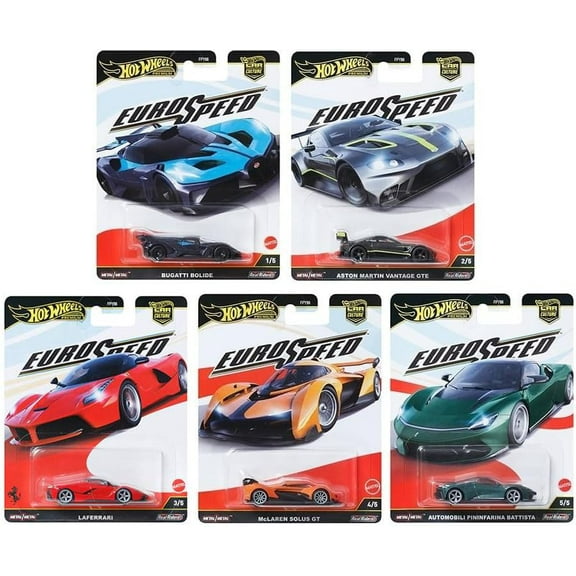 Hot Wheels Euro Speed Premium Collection, Die-Cast Cars Set, Bugatti Bolide, Aston Martin, Ferrari, McLaren, 5-Pack Luxury Sports Cars FPY86-961L