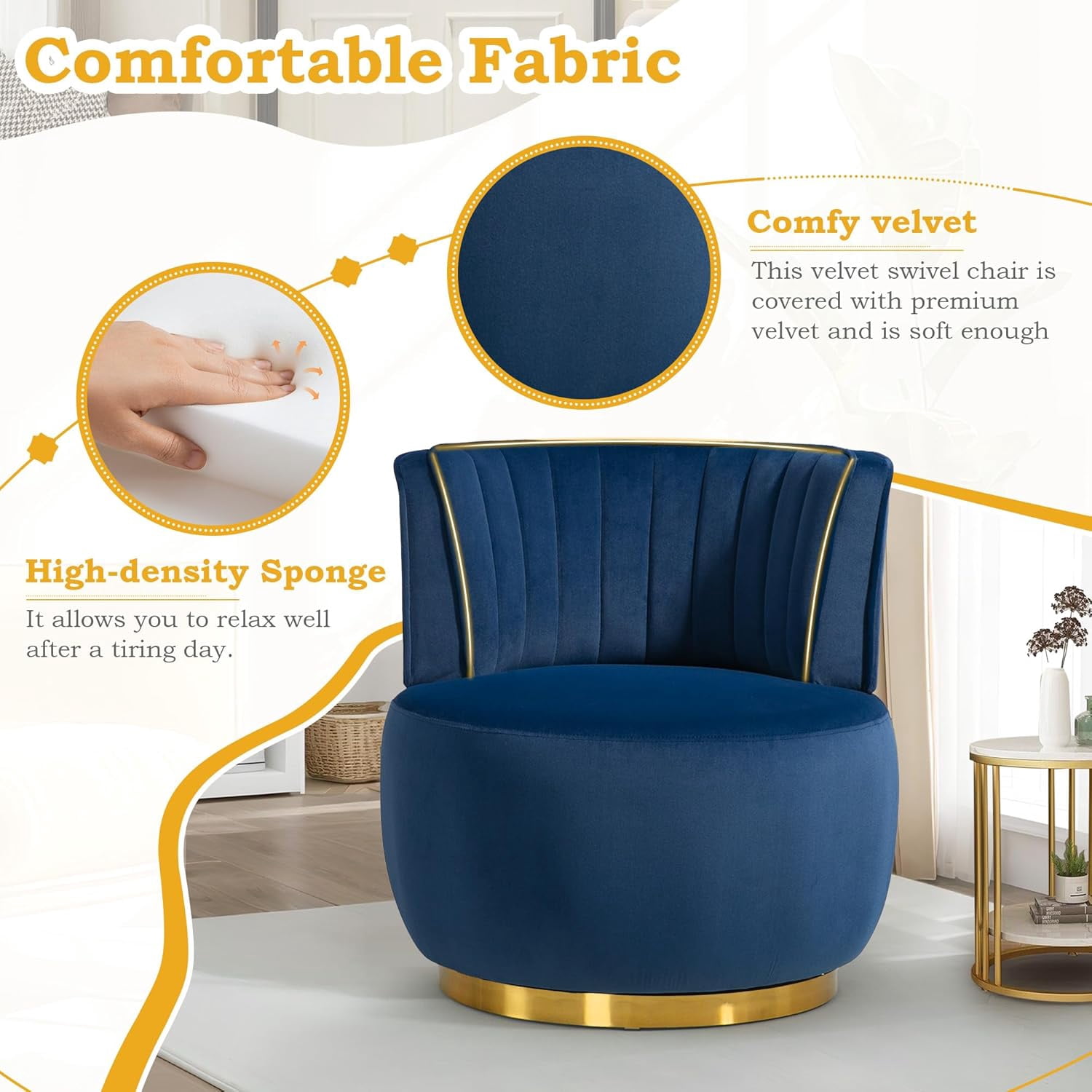 Aukfa 360-Degree Swivel Barrel Chair, Modern Velvet Round Accent Chair for Nursery and Living Room, Blue