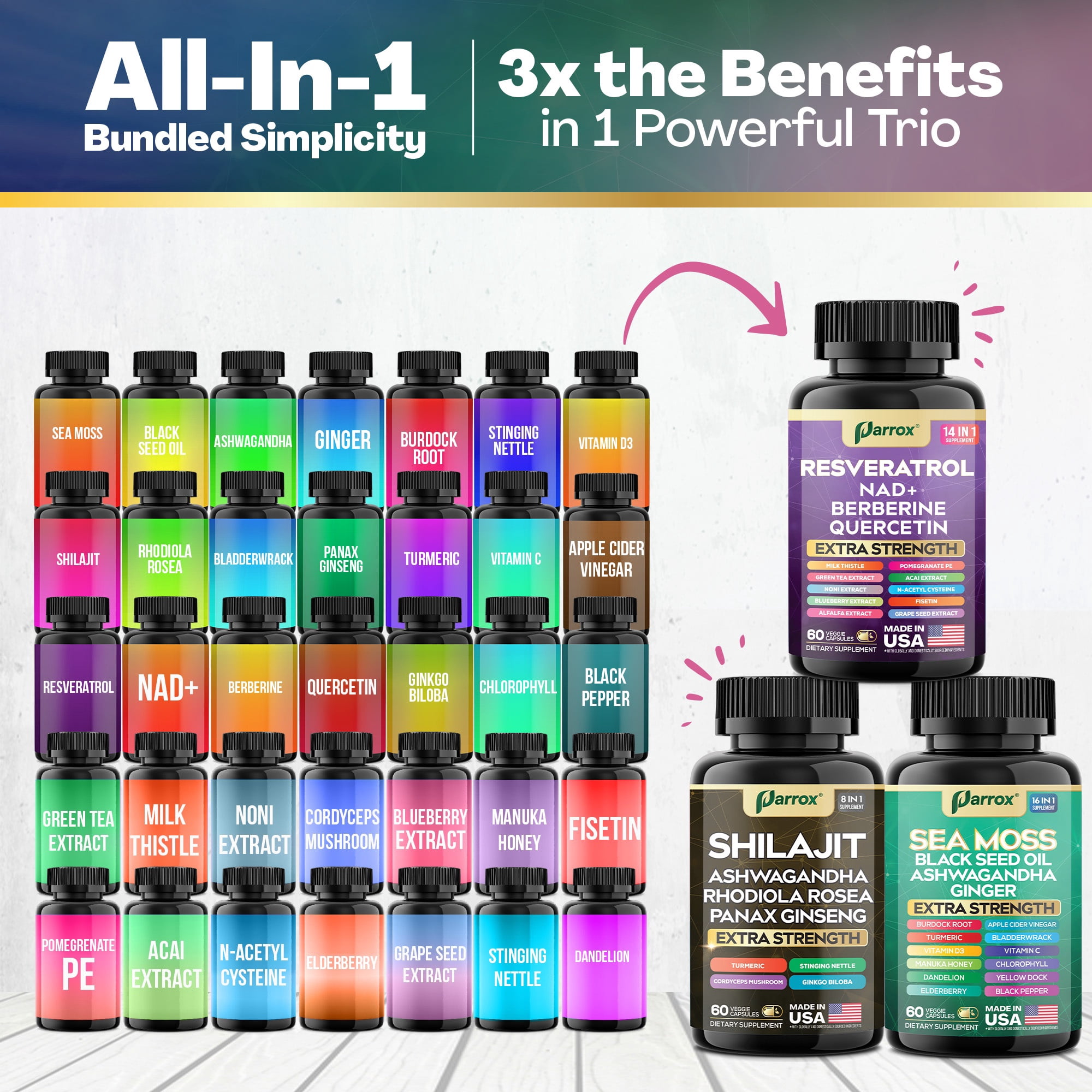Parrox Advanced Wellness Trio - Sea Moss, Black Seed Oil, Ashwagandha, Burdock Root, Resveratrol, NAD+, Quercetin, Berberine, Grape Seed Extract, Panax Ginseng,Ginkgo Biloba, Rhodiola Rosea, Turmeric
