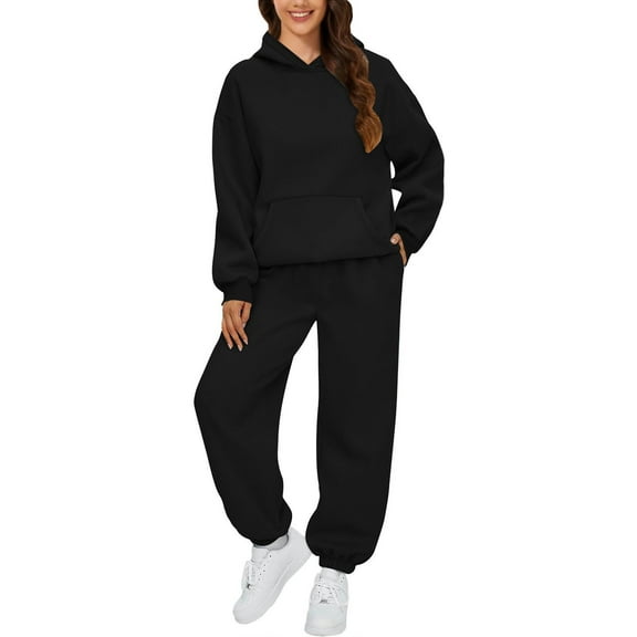 Black Polyester Activewear Hooded Neck Weekend Full-Length Women's Trousers Suit, AUTOMET Womens 2 Outfits Hoodie Sweatsuit Sets Oversized Sweatshirt Baggy Fall Fashion Sweatpants With Pockets