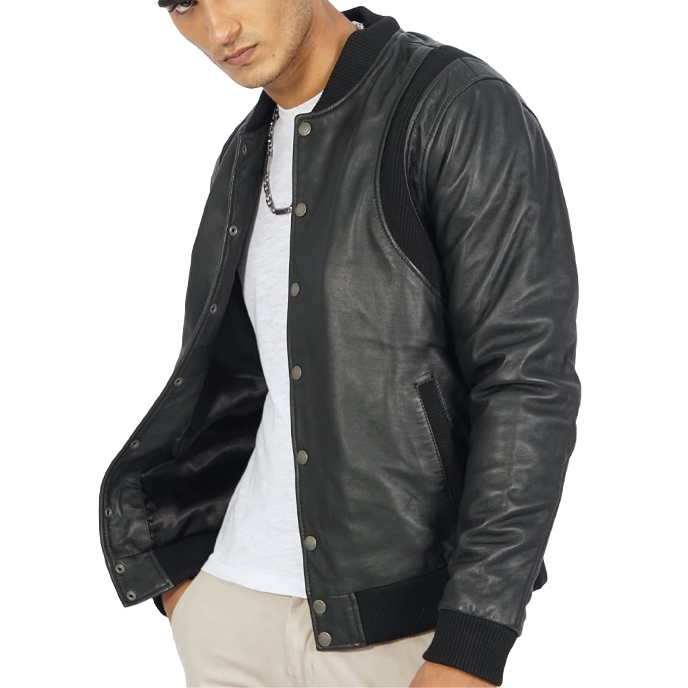 Boston Harbour Charlie Black Bomber Leather Jacket Mens - Cafe Racer Motorcycle Leather Jacket Men