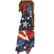 American Flag Printed Dress for Women A-Line Spaghetti Strap Sundress Deep V-Neck Maxi Tank Dresses Independence Day Patriotic Dress Baggy Boho Summer Beach Vacation Outfits