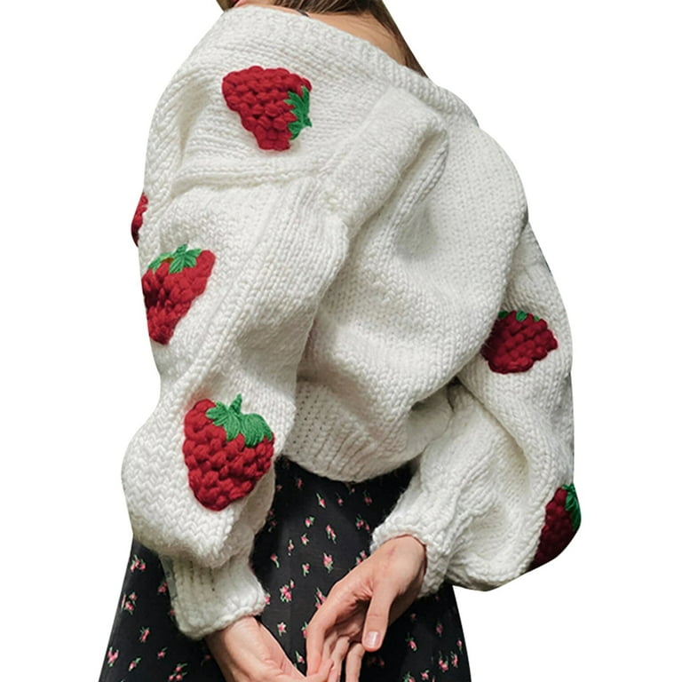 Musuos Women's Long Sleeve Handmade 3D Strawberry Chunky Musuos Women's Long Sleeve Handmade 3D Strawberry Chunky
