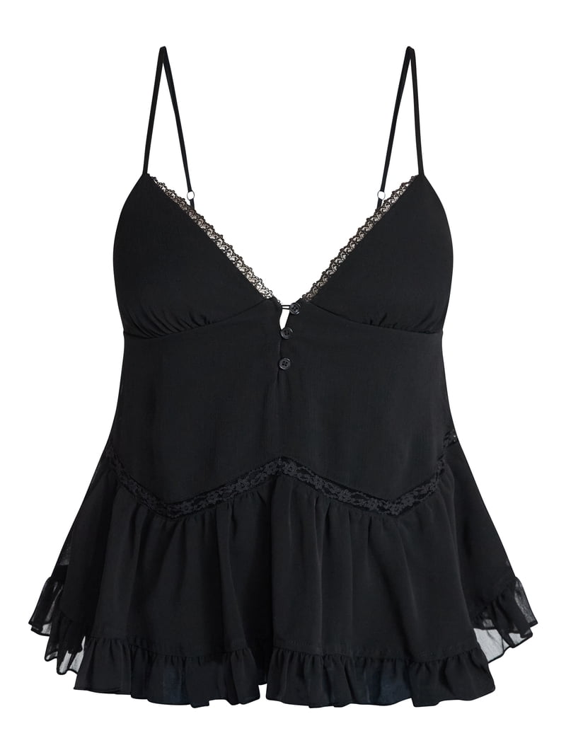 No Boundaries Button Front Ruffle Lace Trim Cami Top, Women's Xxs-xxl, Size: Small, Black