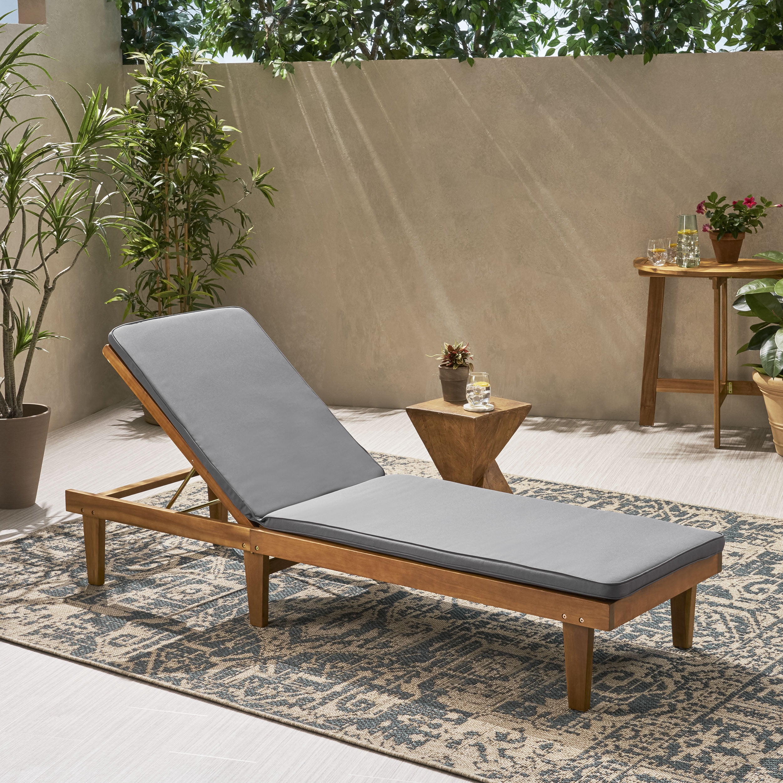 Maddison Outdoor Acacia Wood Chaise Lounge and Cushion Set, Teak and Dark Gray