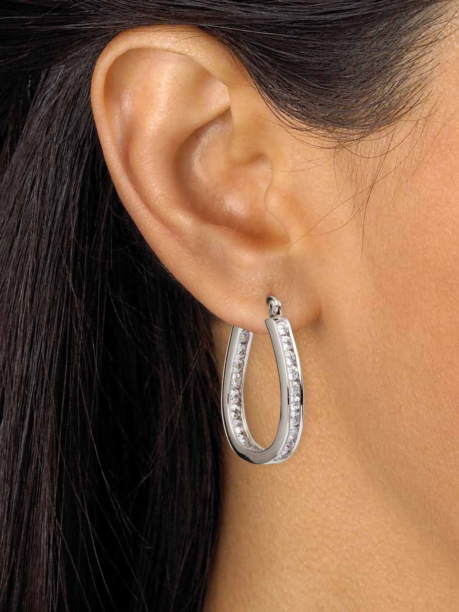 PalmBeach Jewelry 2.52 TCW Round Cubic Zirconia Silvertone or Goldtone Inside-Out Hoop Earrings (1")