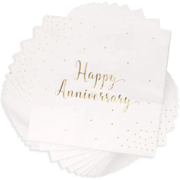 50-Pack Cocktail Napkins - Happy Anniversary Printed In Gold Foil Confetti