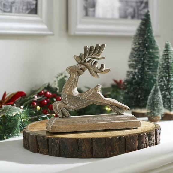 VHC Brands Feathered Finish Wooden Reindeer 7x6.5x2