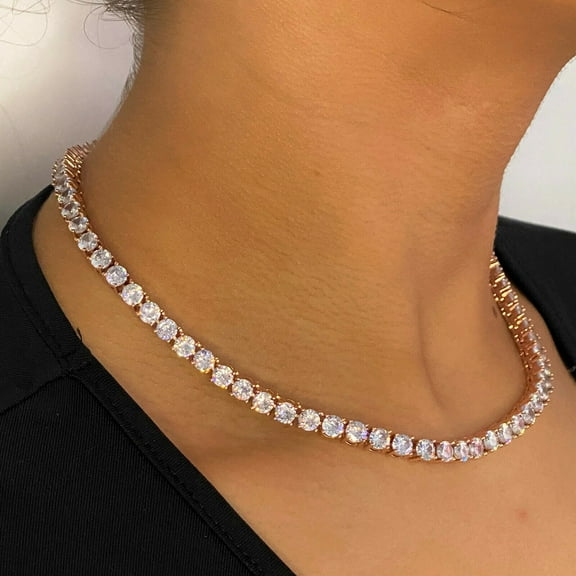 4MM 25Ct Round Cut Lab Created Diamond Tennis Necklace 14K Rose Gold Plated 18"