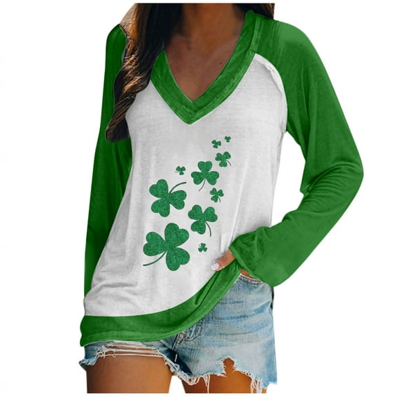 Pntutb Womens Casual St. Patricks Day Print Long Sleeve Tops V-Neck Womens Blouse