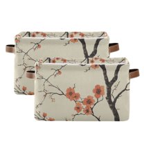Yayeee 2 Pack Canvas Storage Basket with Handles for Shelves Fabric Bins Closet Organizer, Light Red Flowers