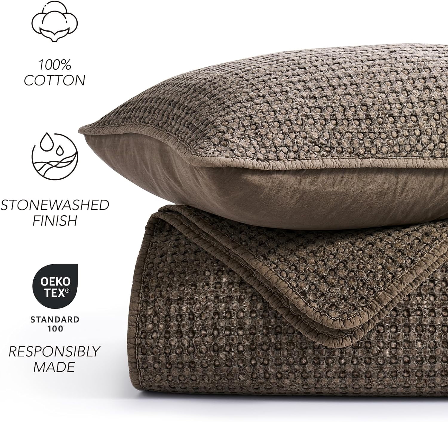 EverGrace Stonewashed 100% Natural Cotton Waffle Quilt Set King Size 3 Pieces, Durable, Textured & Substantial Bedding, Quilted Coverlet Bedspread with 2 Shams for All Seasons, Mushroom Brown