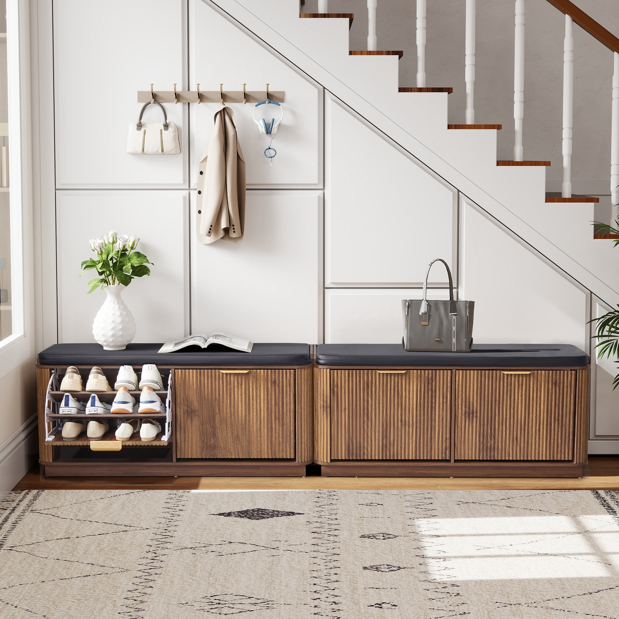 Wirrytor Fluted Shoe Storage Bench with Cushion and 2 Flip Drawers, 3-Tier Wooden Entryway Bench Shoe Organizer for Hallway Bedroom, Natural Wood