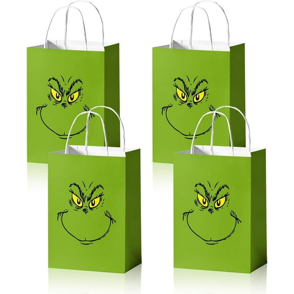 24PCS Christmas Gift Bags Whoville Xmas Paper Bags Funny Cartoon Grinchh Character Gift Bags with Handles Reusable Goody Treat Bags Holiday Party Supplies for Gift Packing