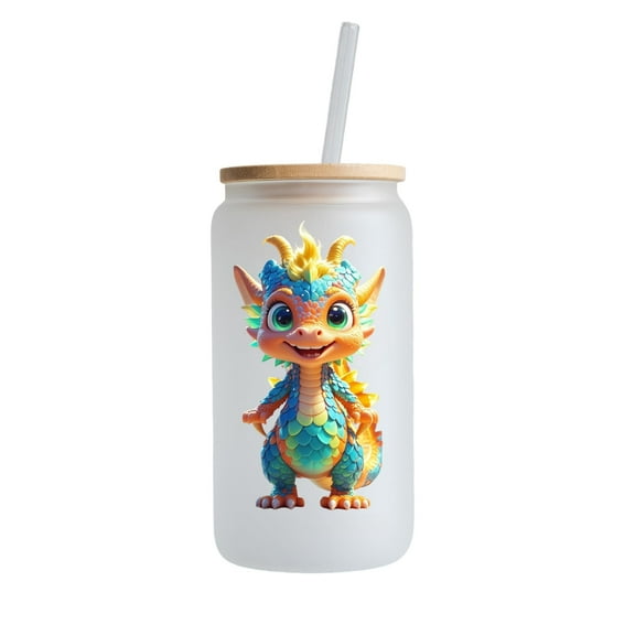 Dragon Theme Frosted Glass Tumbler with Straw and Lid，16oz Glass Iced Coffee Cup，Good for Gift