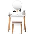 thumbnail image 3 of Patiojoy Wooden Vanity Makeup Dressing Table Round Mirror Cushioned Stool with 1 Drawer, 3 of 7