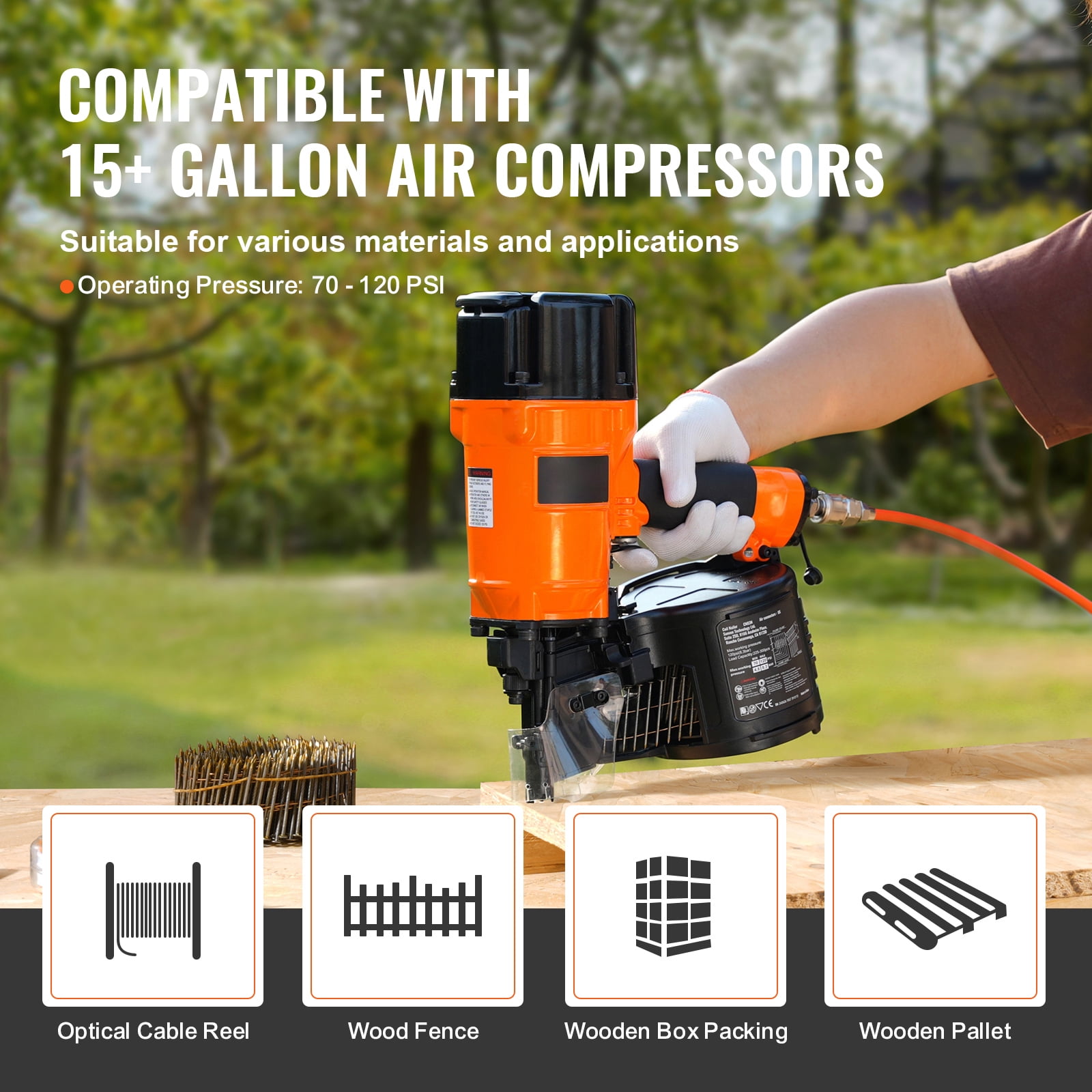 KFFKFF Pneumatic Coil Siding and Framing Nailer CN83N, Adjustable 2"-3.25" Nail Length, 15 Degree, 70-120PSI, Tool-Free Depth Setting, for Wood Fencing, Sheathing, Decking