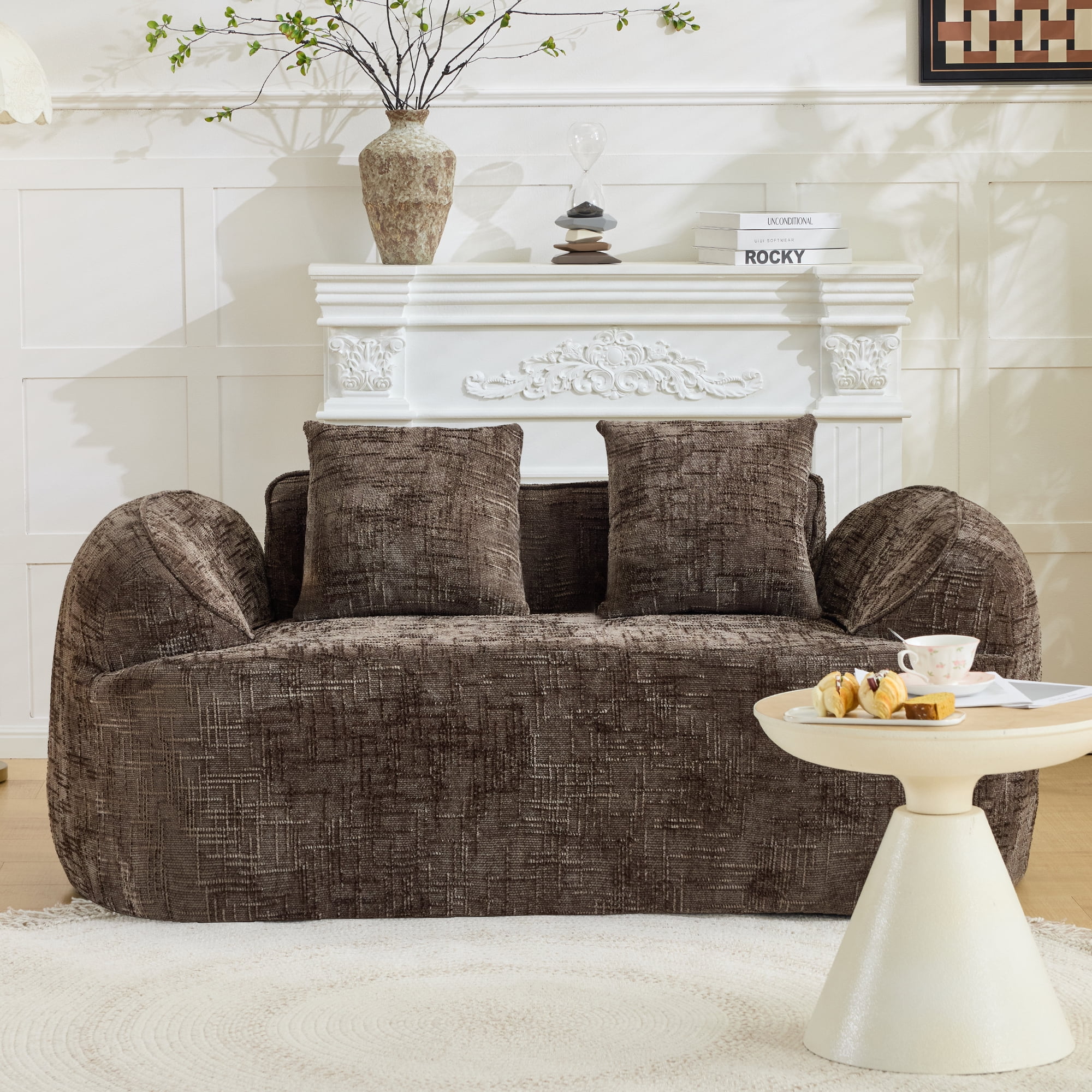 Leumius 66" 2 Seater Sofa Compress Sofa with Armrests & 2 Pillows,No Assembly Required,Compact Sofa Couch for Small Apartments,Living Room,Bedroom,Brown