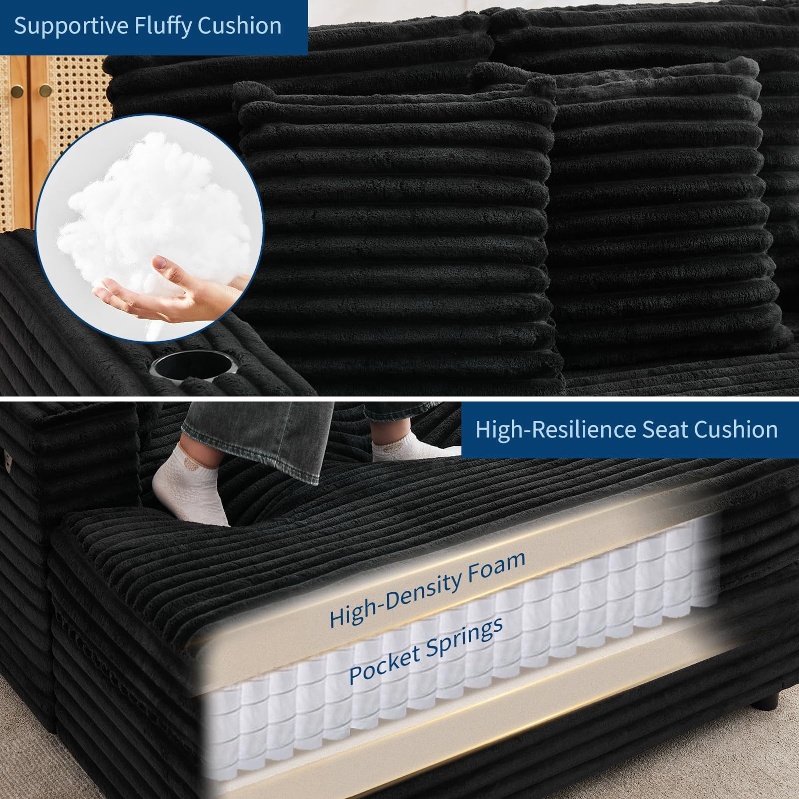 Oversized Corduroy Chaise Lounge Chair with Cup Holder & USB Charging Port, 54" Wide Plush Sofa with High-Density Foam & Supportive Springs for Living Room